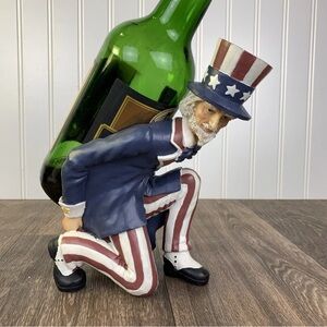 Uncle Sam Patriotic Red White & Blue Wine Bottle Holder 8” Resin Bottle Not Incl